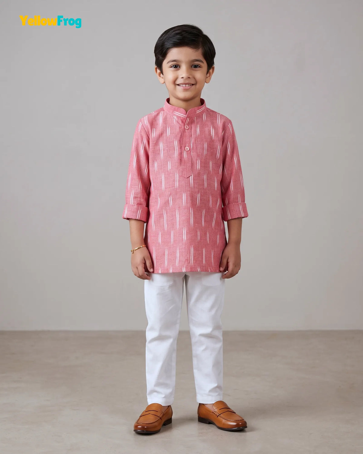 Boys Pure Cotton Ikkat Kurta Pyjama Set - Pink Ikkat with Collar KP230