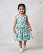 Girls Pure Cotton Sleeveless Fit & Flare Dress - Teal Leaf Print Pleated Frock CF442