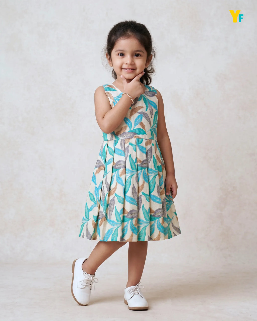 Girls Pure Cotton Sleeveless Fit & Flare Dress - Teal Leaf Print Pleated Frock CF442