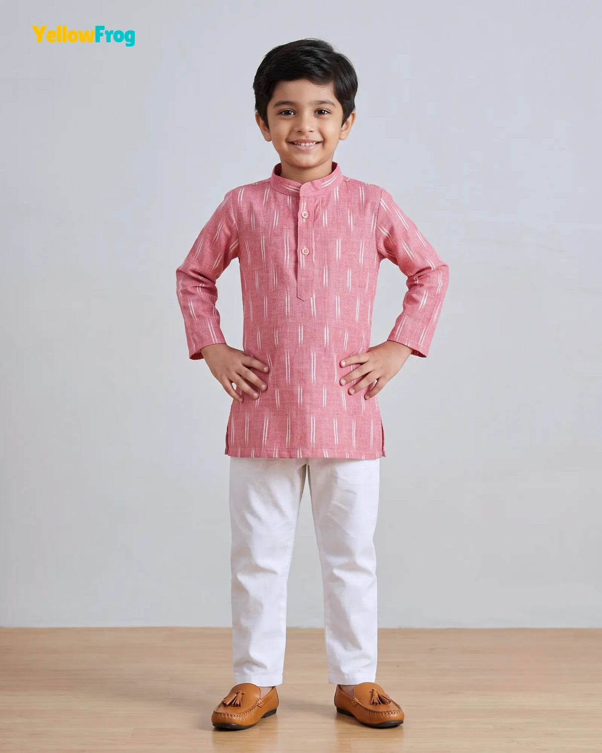 Boys Pure Cotton Ikkat Kurta Pyjama Set - Pink Ikkat with Collar KP230