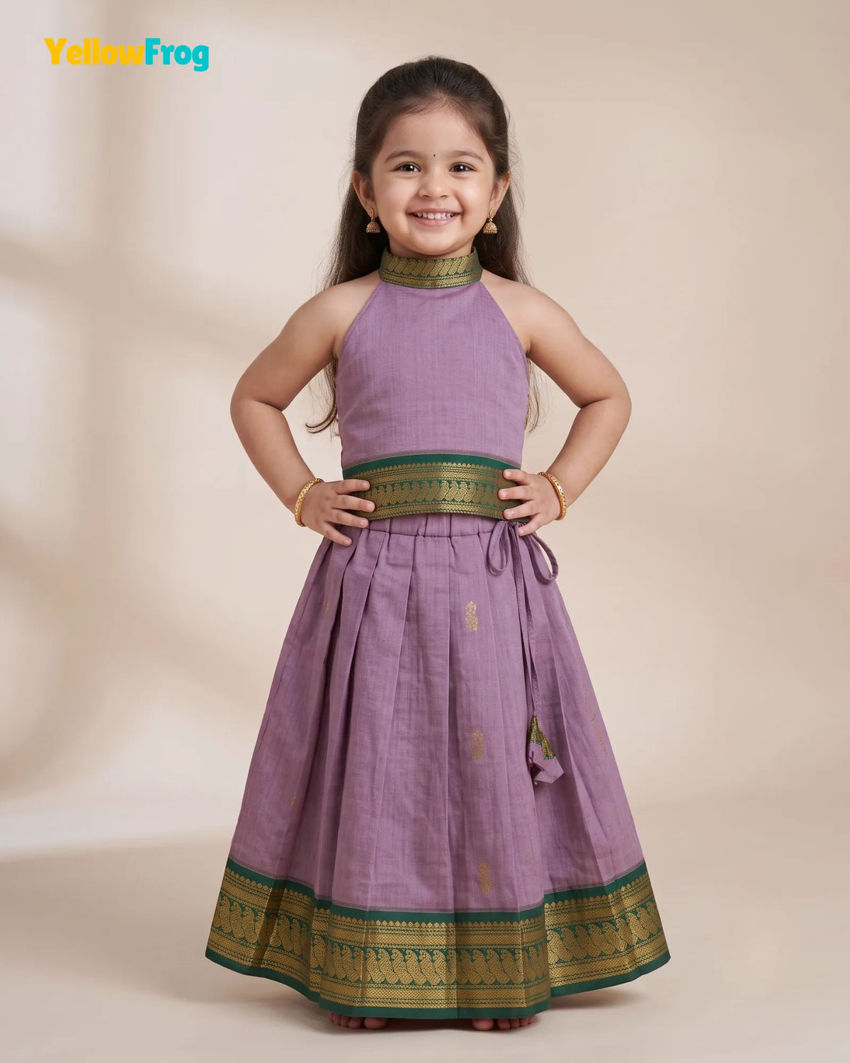 Girls Kalyani Cotton Pattu Halter Neck Pavadai Set - Lilac Green Skirt Top PPP2153