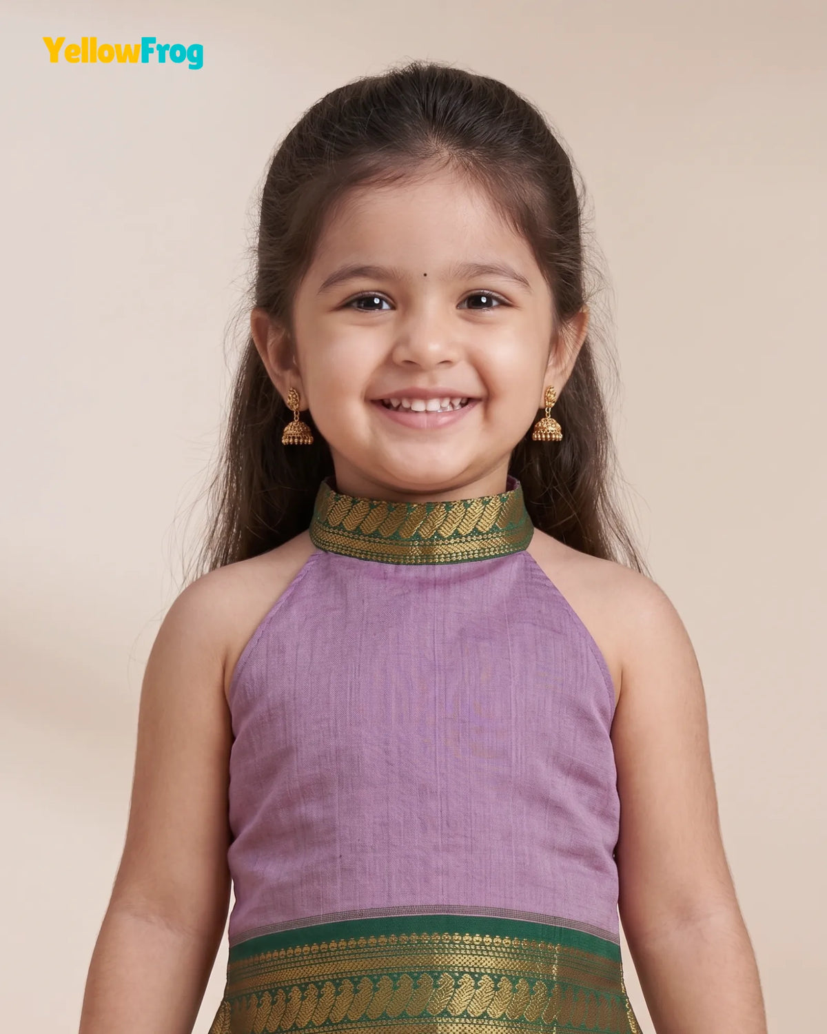 Girls Kalyani Cotton Pattu Halter Neck Pavadai Set - Lilac Green Skirt Top PPP2153