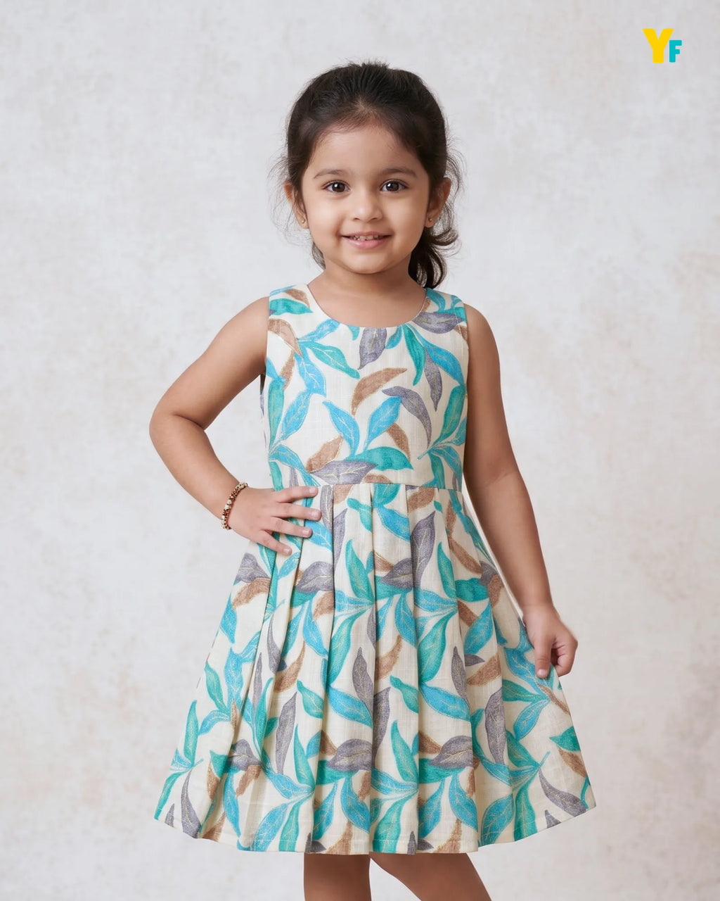 Girls Pure Cotton Sleeveless Fit & Flare Dress - Teal Leaf Print Pleated Frock CF442