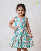 Girls Pure Cotton Sleeveless Fit & Flare Dress - Teal Leaf Print Pleated Frock CF442
