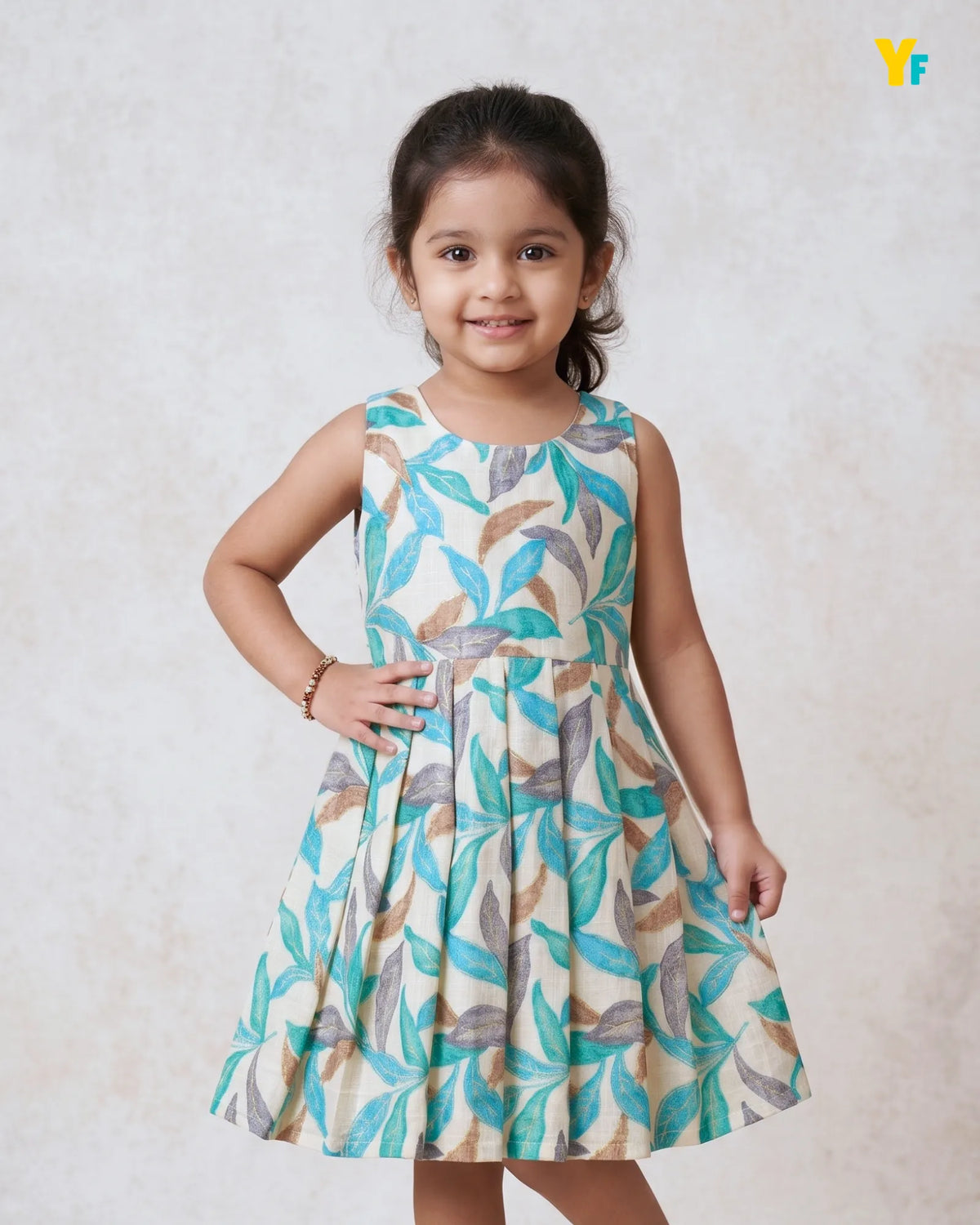 Girls Pure Cotton Sleeveless Fit & Flare Dress - Teal Leaf Print Pleated Frock CF442