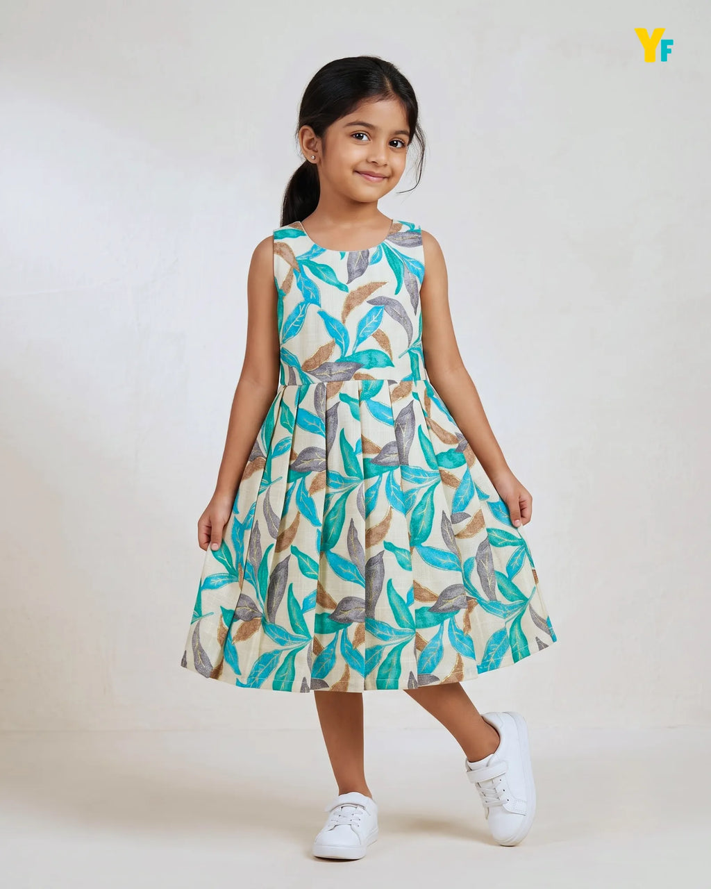 Girls Pure Cotton Sleeveless Fit & Flare Dress - Teal Leaf Print Pleated Frock CF442