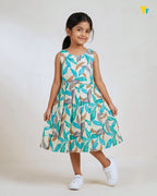 Girls Pure Cotton Sleeveless Fit & Flare Dress - Teal Leaf Print Pleated Frock CF442