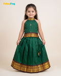 Girls Kalyani Cotton Pattu Halter Neck Pavadai Set - Green Maroon Skirt Top PPP2154