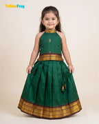 Girls Kalyani Cotton Pattu Halter Neck Pavadai Set - Green Maroon Skirt Top PPP2154