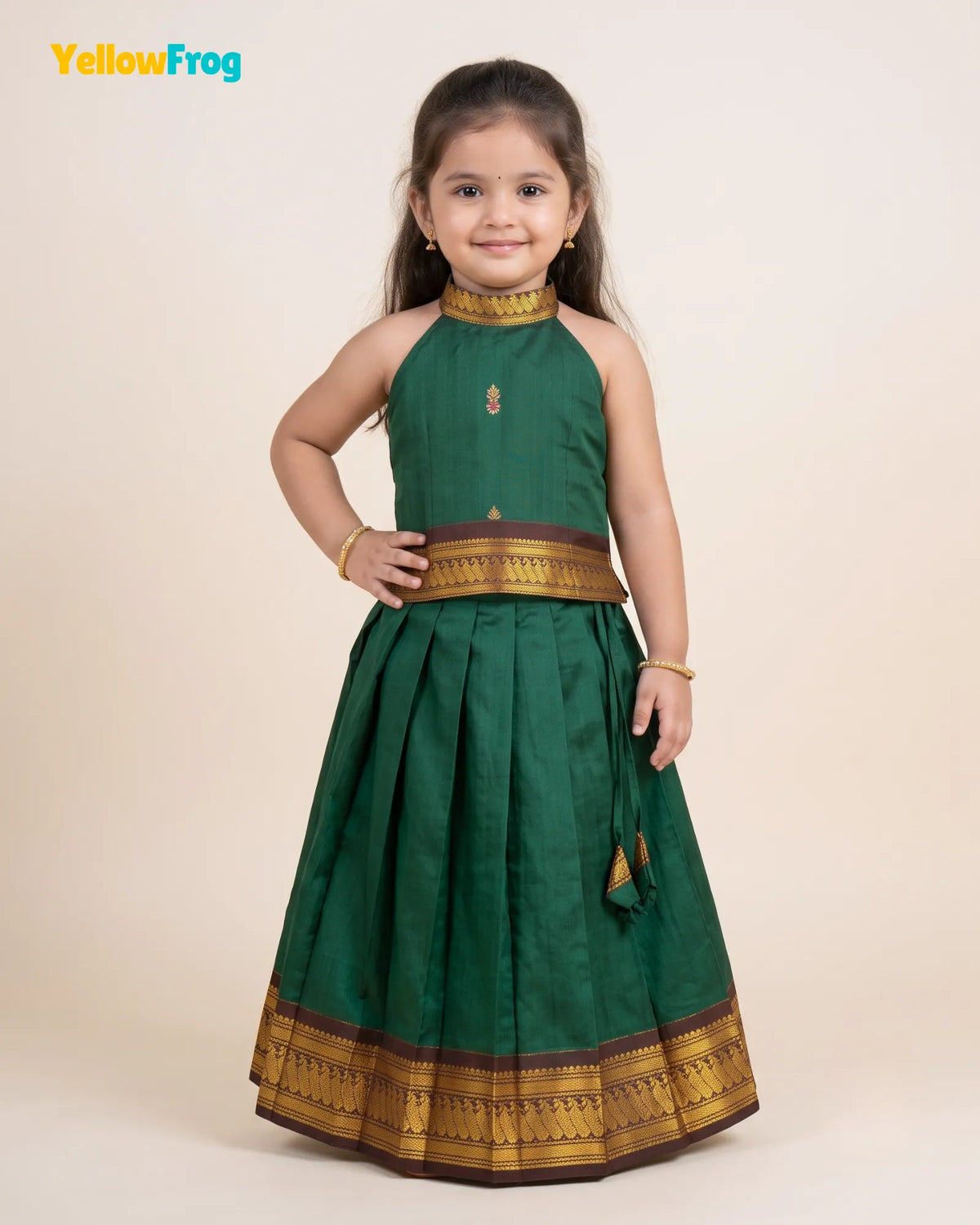 Girls Kalyani Cotton Pattu Halter Neck Pavadai Set - Green Maroon Skirt Top PPP2154