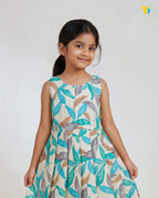 Girls Pure Cotton Sleeveless Fit & Flare Dress - Teal Leaf Print Pleated Frock CF442