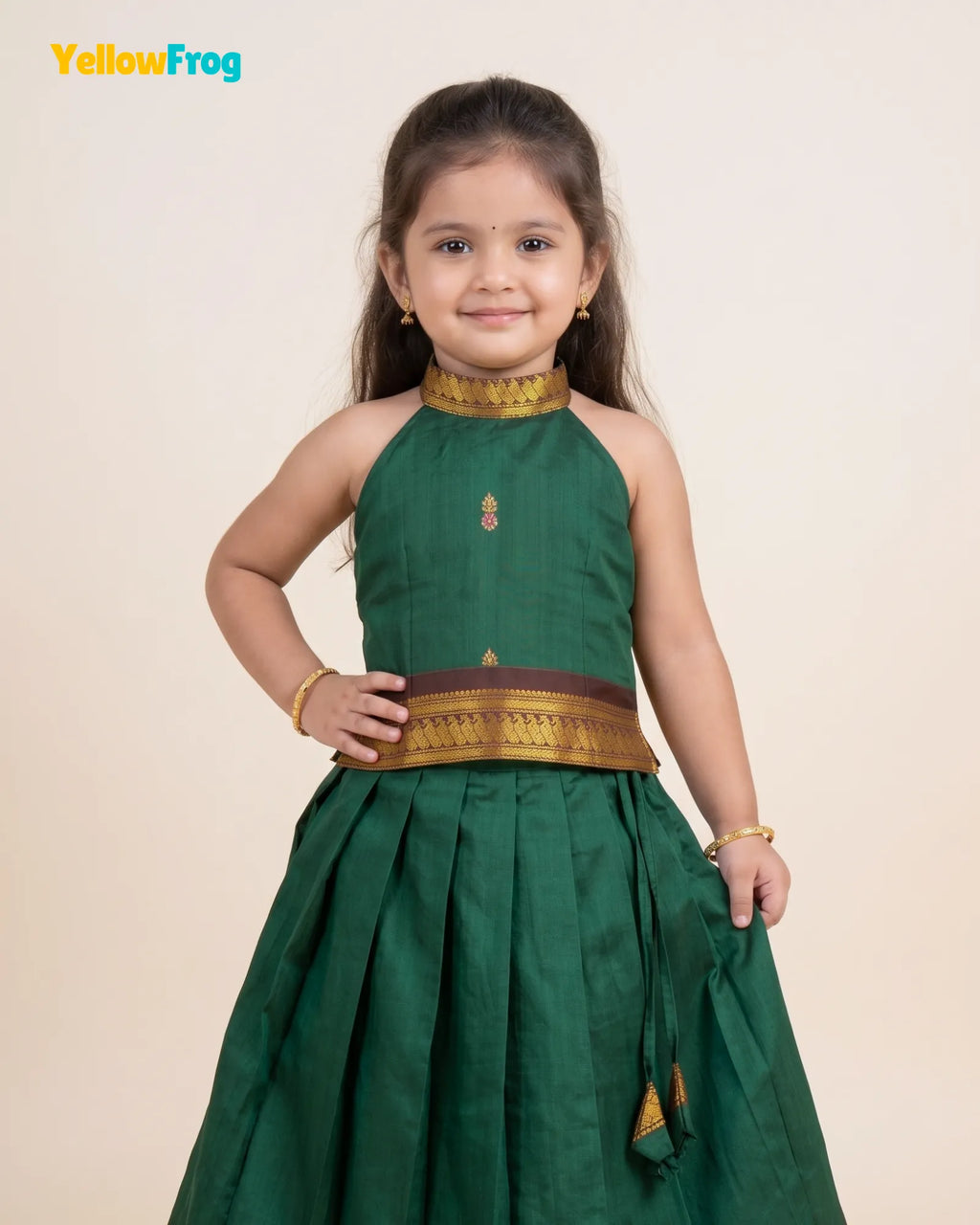Girls Kalyani Cotton Pattu Halter Neck Pavadai Set - Green Maroon Skirt Top PPP2154
