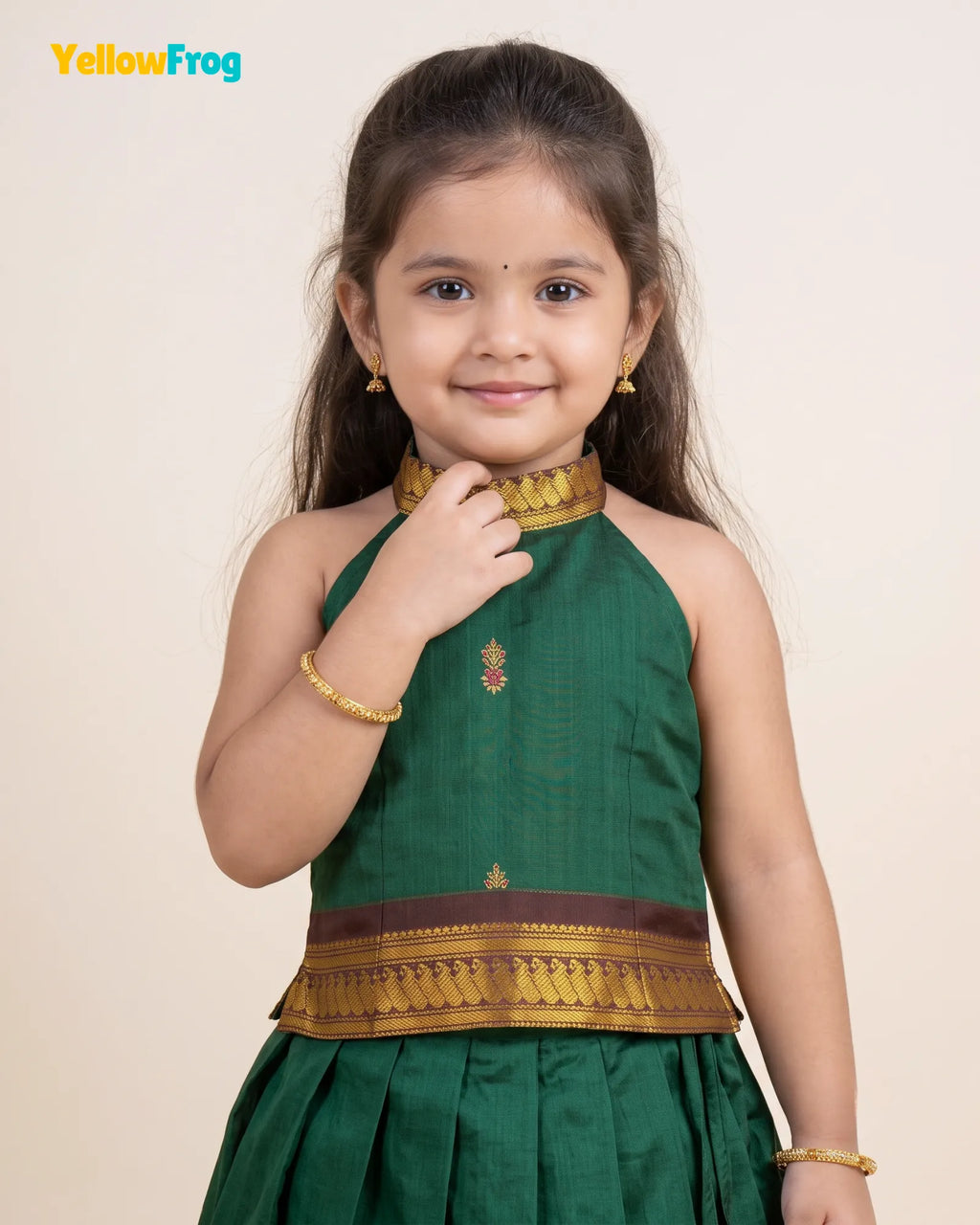 Girls Kalyani Cotton Pattu Halter Neck Pavadai Set - Green Maroon Skirt Top PPP2154