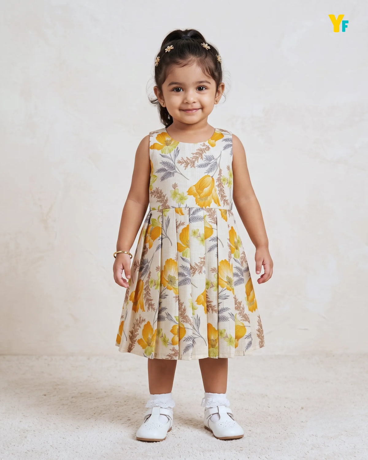 Girls Pure Cotton Dress - Bright Orange Flower With Gold Foil Print CF443