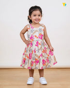 Girls Pure Cotton Sleeveless Fit & Flare Dress - Pink & Orange Floral Pleated Frock CF439