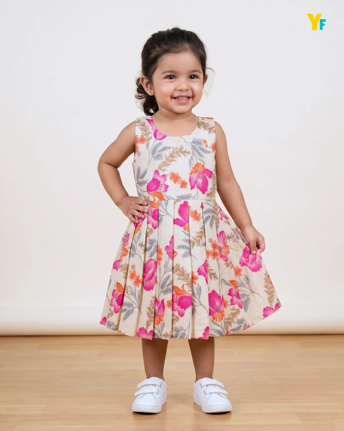 Girls Pure Cotton Sleeveless Fit & Flare Dress - Pink & Orange Floral Pleated Frock CF439