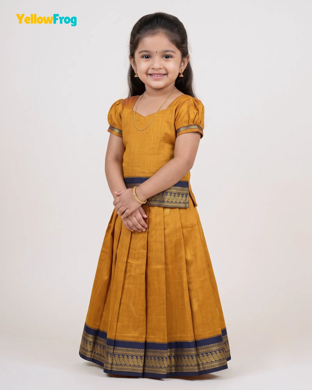 Girls Kalyani Cotton Pattu Pavadai Set - Mustard Navy Puff Sleeve Skirt Top PPP2150