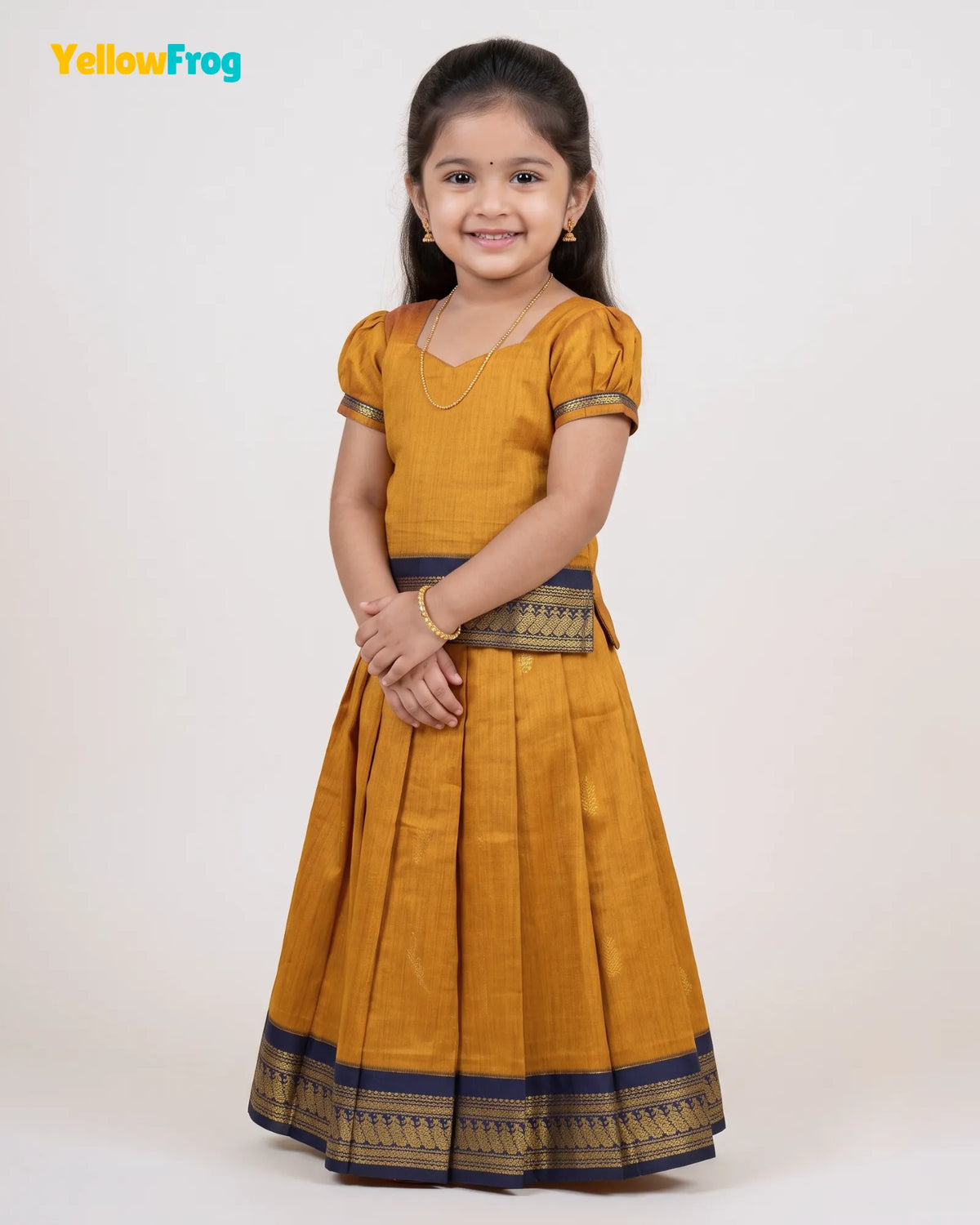 Girls Kalyani Cotton Pattu Pavadai Set - Mustard Navy Puff Sleeve Skirt Top PPP2150