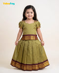 Girls Kalyani Cotton Pattu Pavadai Set - Olive Green PPP2163