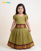 Girls Kalyani Cotton Pattu Pavadai Set - Olive Green PPP2163
