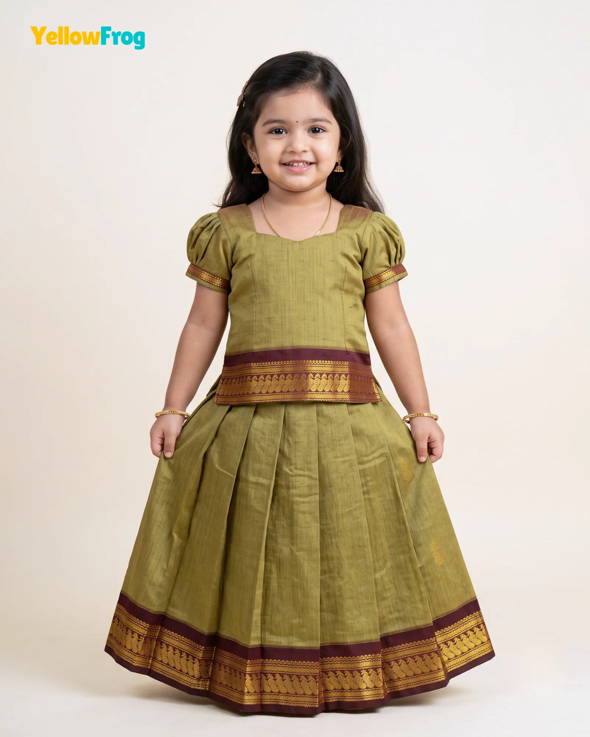 Girls Kalyani Cotton Pattu Pavadai Set - Olive Green PPP2163