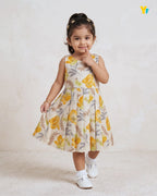 Girls Pure Cotton Dress - Bright Orange Flower With Gold Foil Print CF443