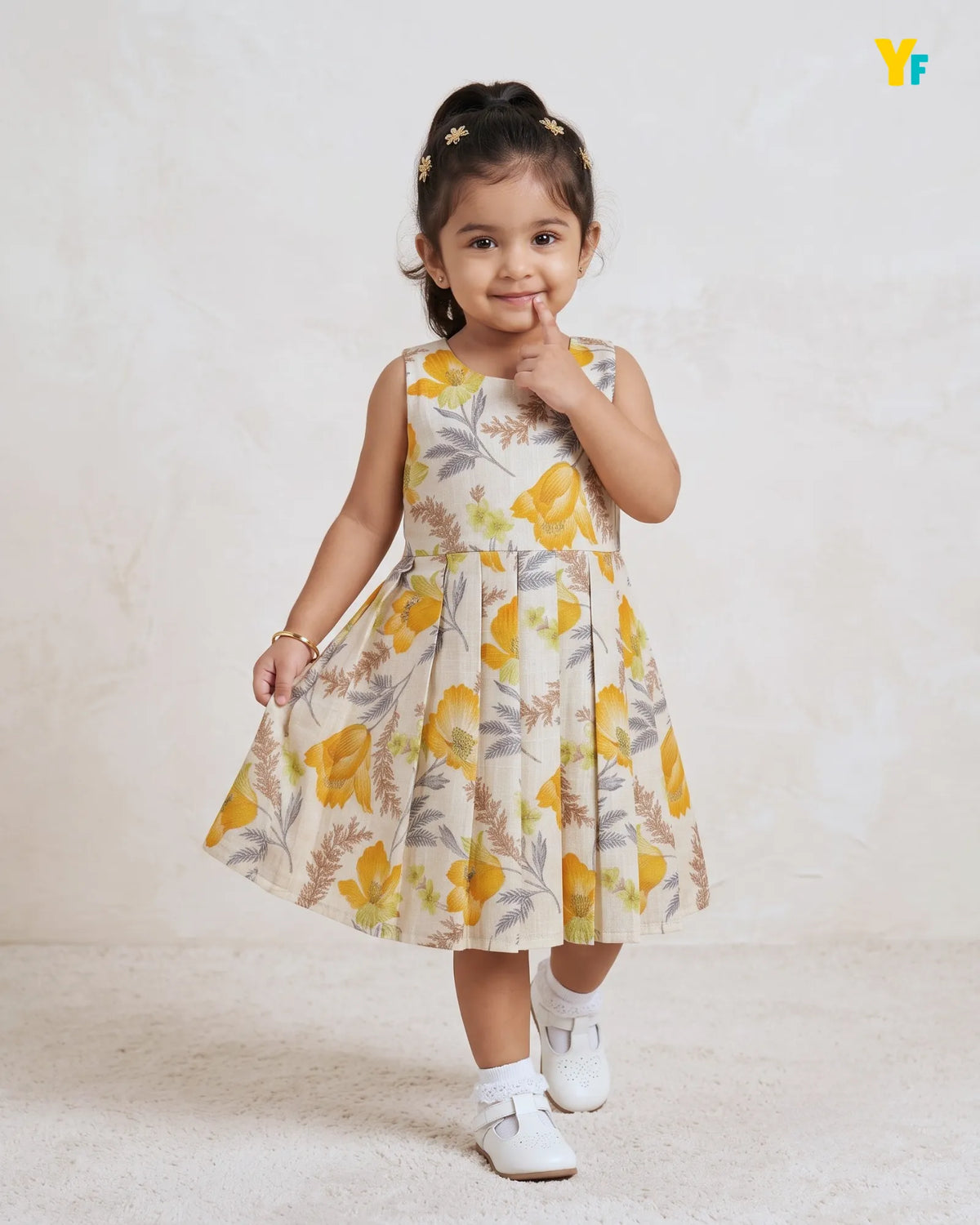Girls Pure Cotton Dress - Bright Orange Flower With Gold Foil Print CF443