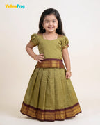 Girls Kalyani Cotton Pattu Pavadai Set - Olive Green PPP2163