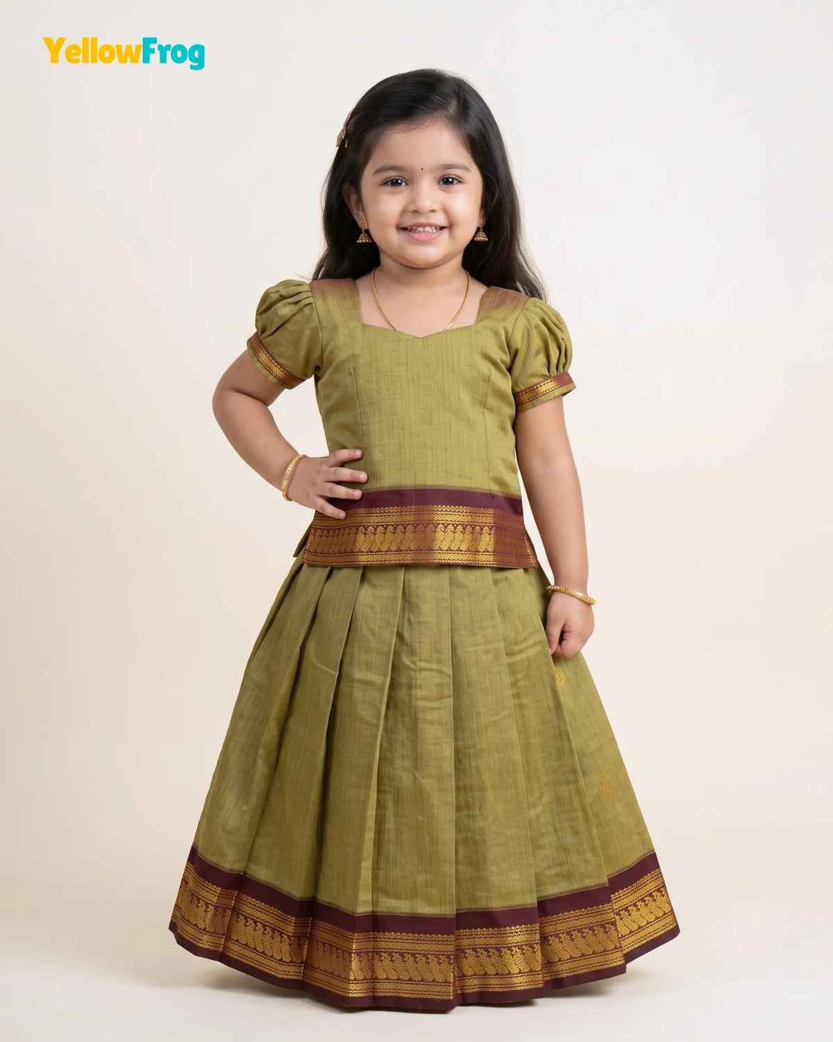 Girls Kalyani Cotton Pattu Pavadai Set - Olive Green PPP2163
