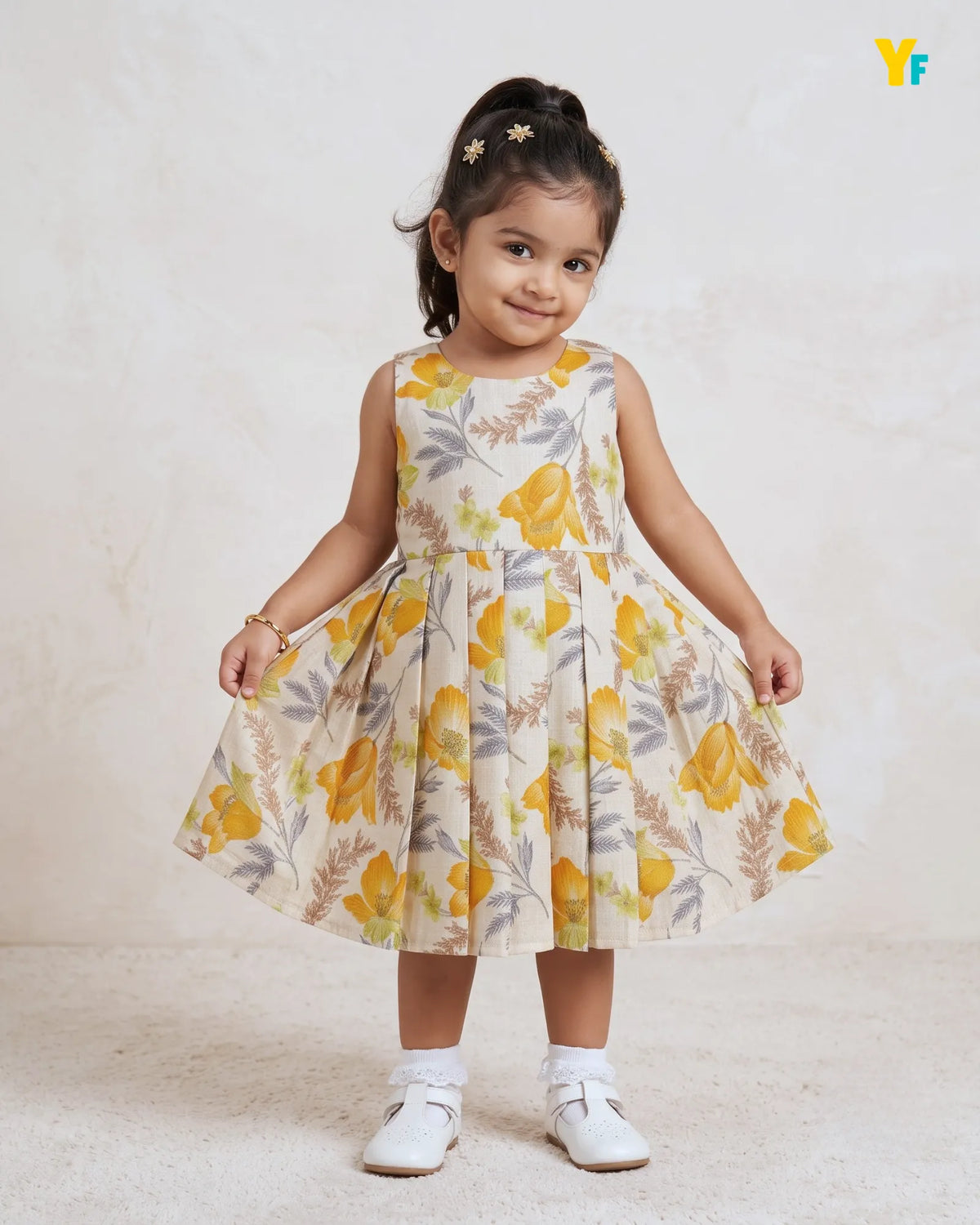 Girls Pure Cotton Dress - Bright Orange Flower With Gold Foil Print CF443