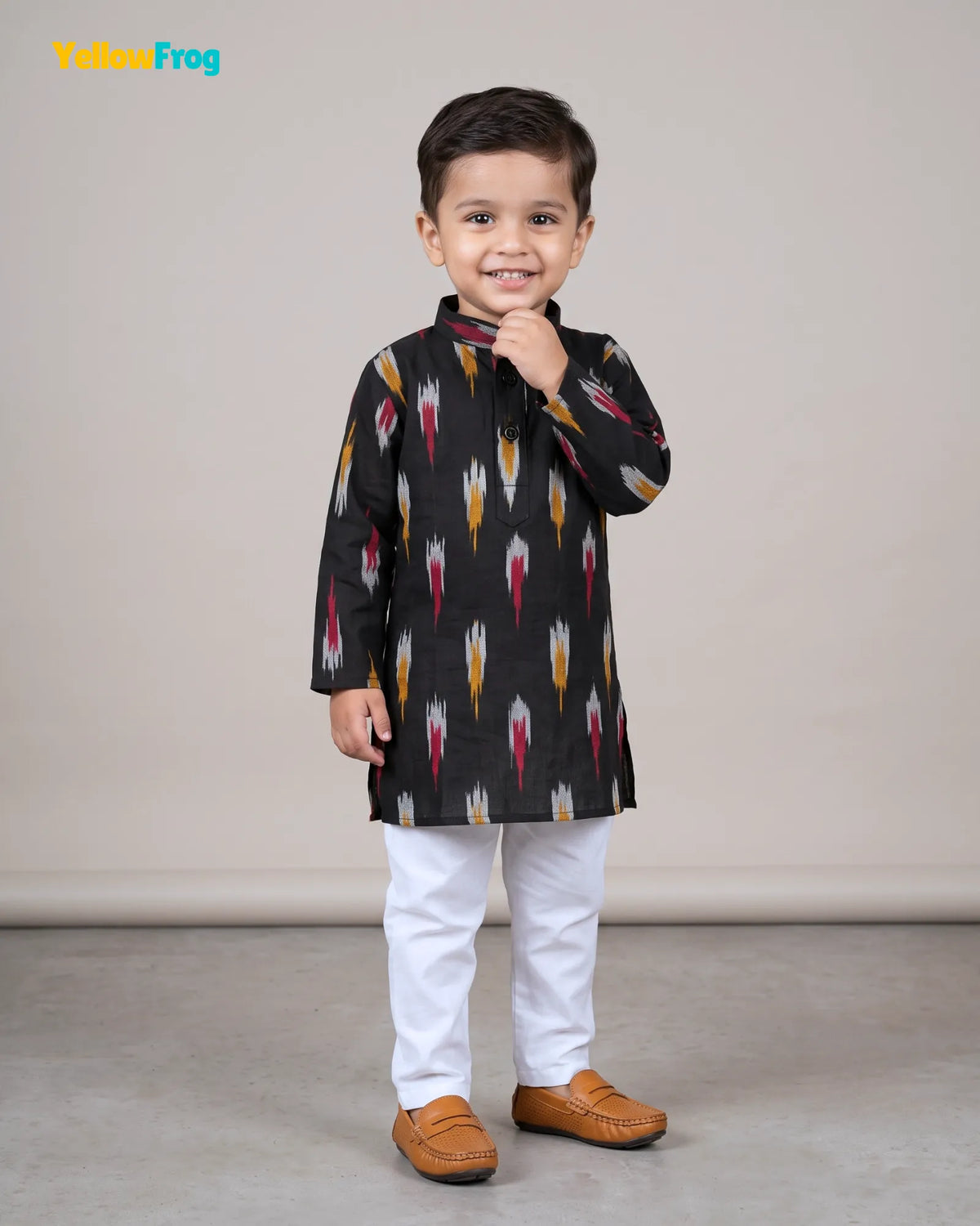 Boys Pure Cotton Ikkat Kurta Pyjama Set - Black with Collar KP234