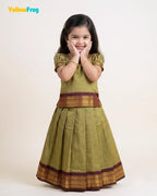 Girls Kalyani Cotton Pattu Pavadai Set - Olive Green PPP2163
