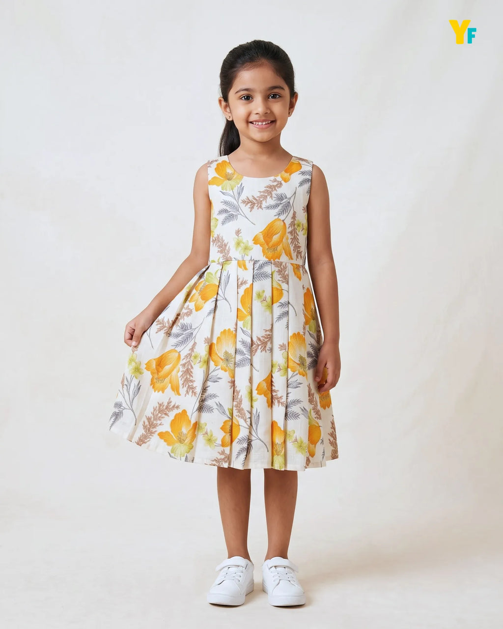 Girls Pure Cotton Dress - Bright Orange Flower With Gold Foil Print CF443