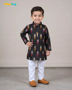 Boys Pure Cotton Ikkat Kurta Pyjama Set - Black with Collar KP234