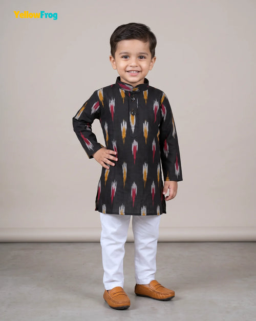 Boys Pure Cotton Ikkat Kurta Pyjama Set - Black with Collar KP234