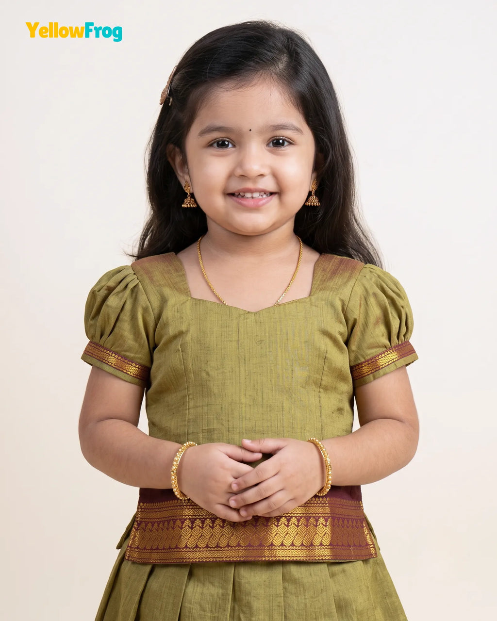 Girls Kalyani Cotton Pattu Pavadai Set - Olive Green PPP2163