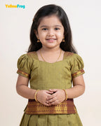 Girls Kalyani Cotton Pattu Pavadai Set - Olive Green PPP2163