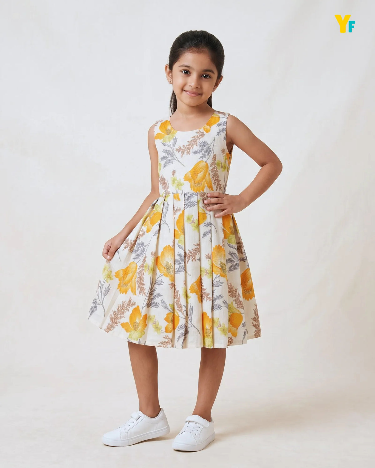 Girls Pure Cotton Dress - Bright Orange Flower With Gold Foil Print CF443