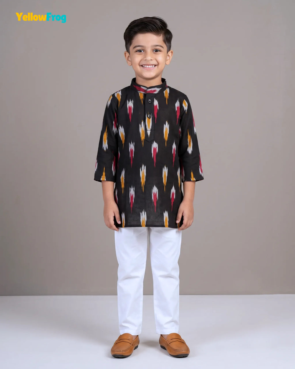 Boys Pure Cotton Ikkat Kurta Pyjama Set - Black with Collar KP234