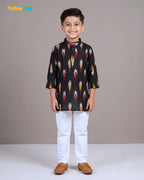 Boys Pure Cotton Ikkat Kurta Pyjama Set - Black with Collar KP234