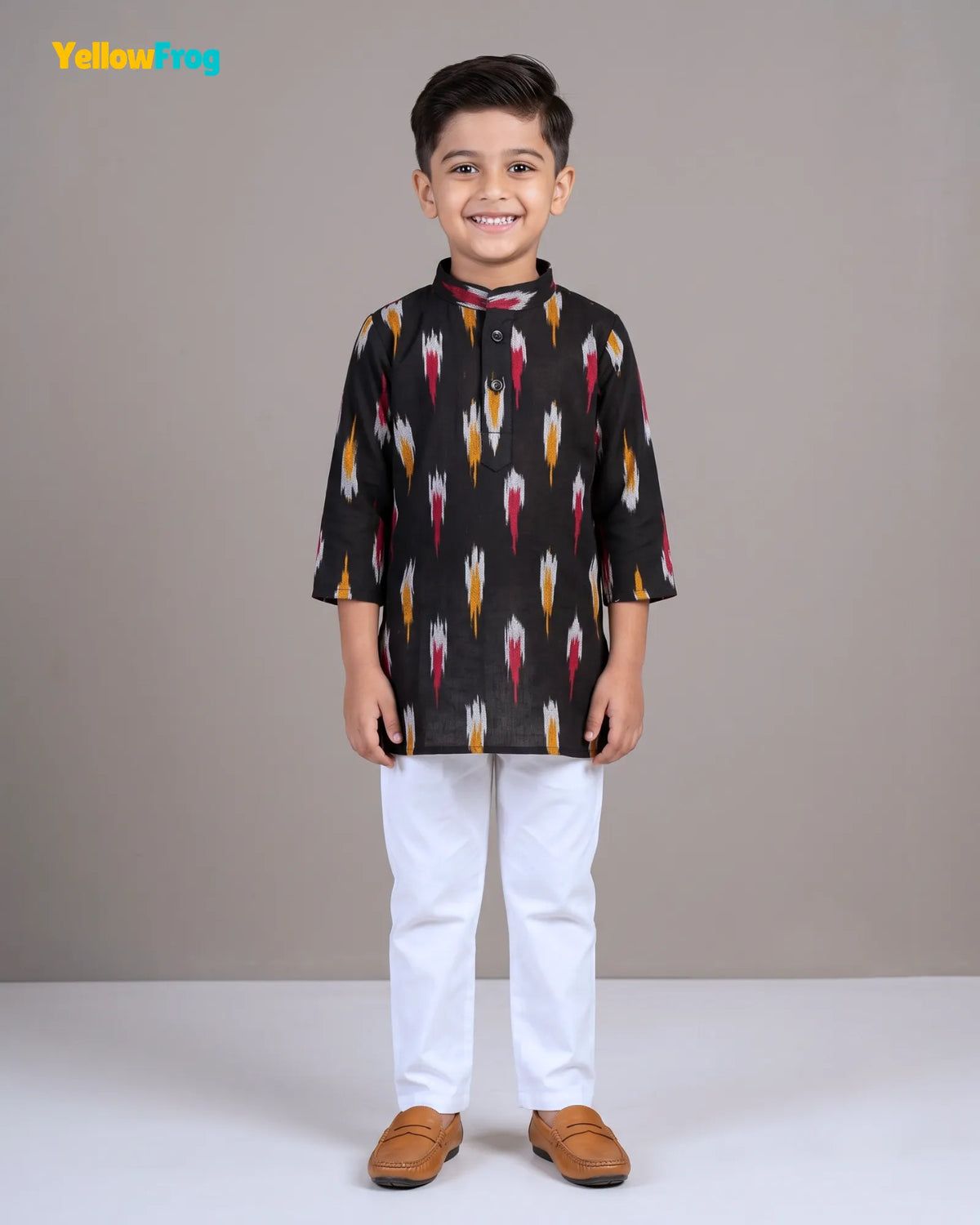 Boys Pure Cotton Ikkat Kurta Pyjama Set - Black with Collar KP234