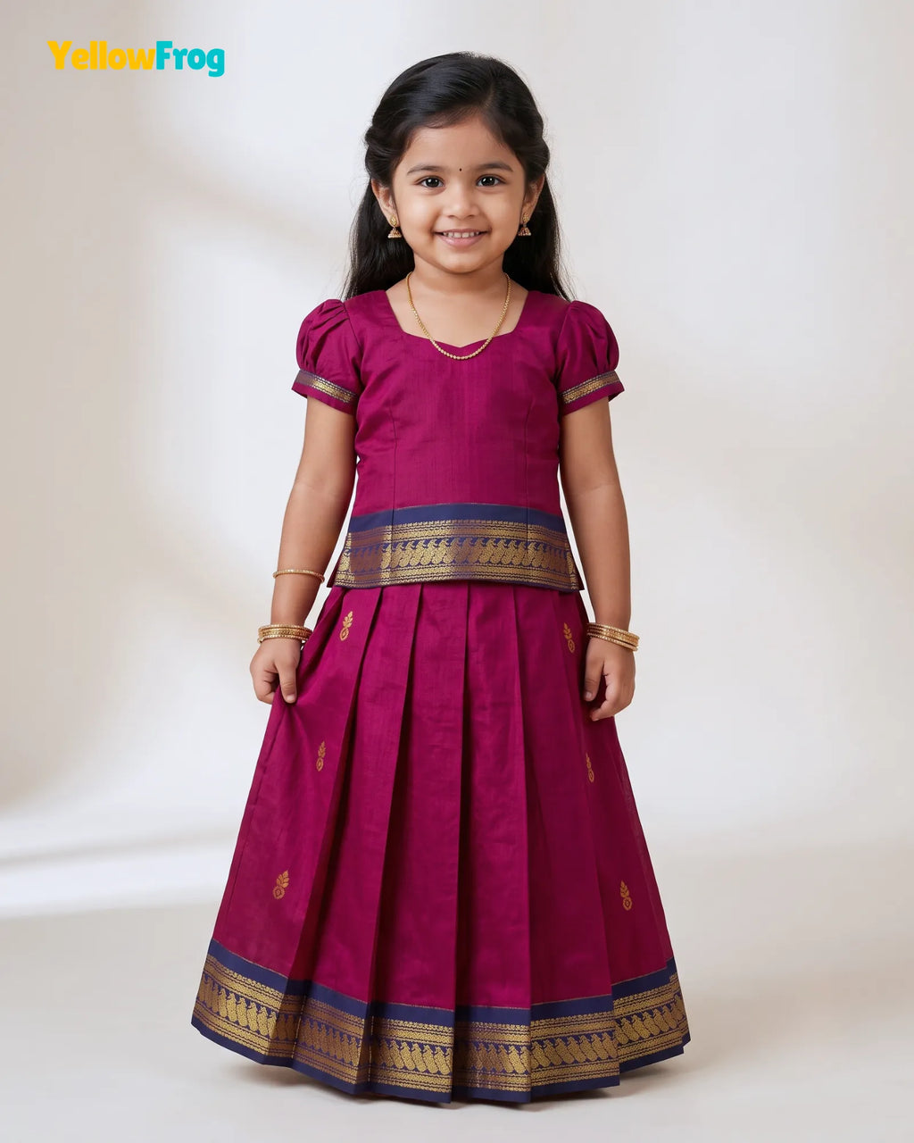 Girls Kalyani Cotton Pattu Pavadai Set - Magenta Navy PPP2165