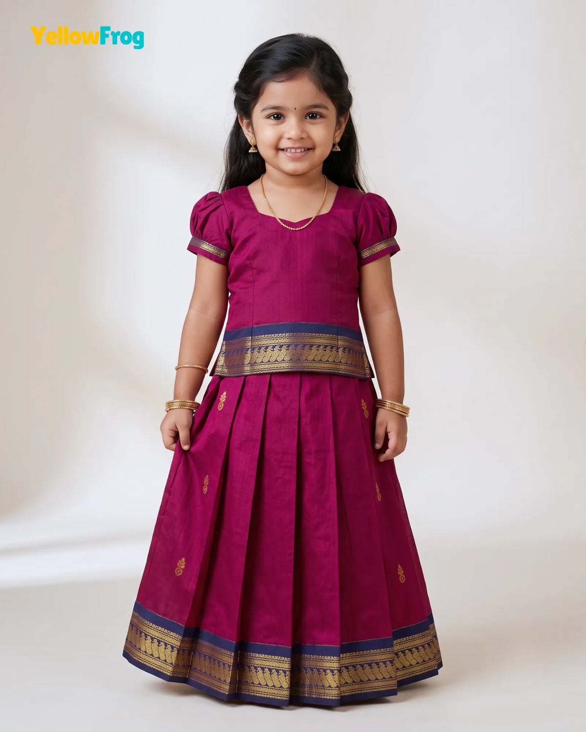 Girls Kalyani Cotton Pattu Pavadai Set - Magenta Navy PPP2165