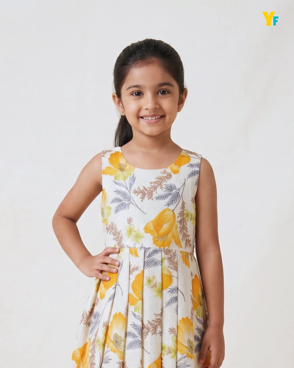 Girls Pure Cotton Dress - Bright Orange Flower With Gold Foil Print CF443