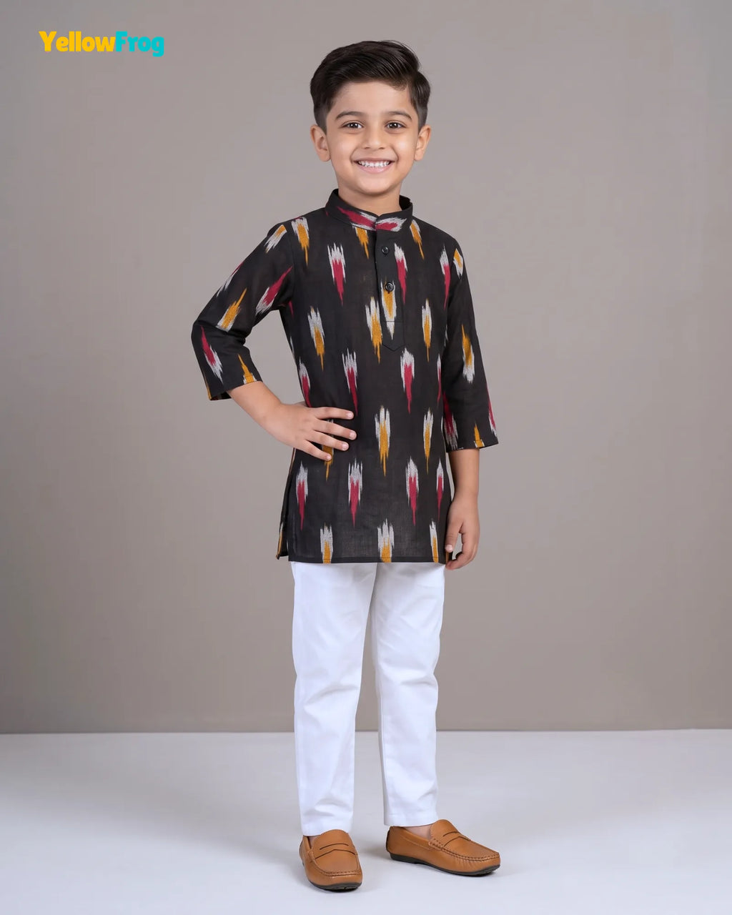 Boys Pure Cotton Ikkat Kurta Pyjama Set - Black with Collar KP234
