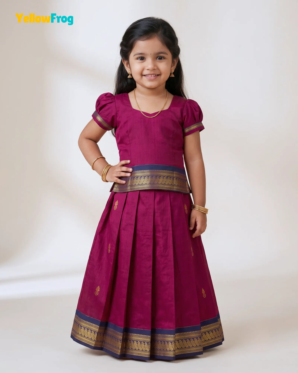 Girls Kalyani Cotton Pattu Pavadai Set - Magenta Navy PPP2165