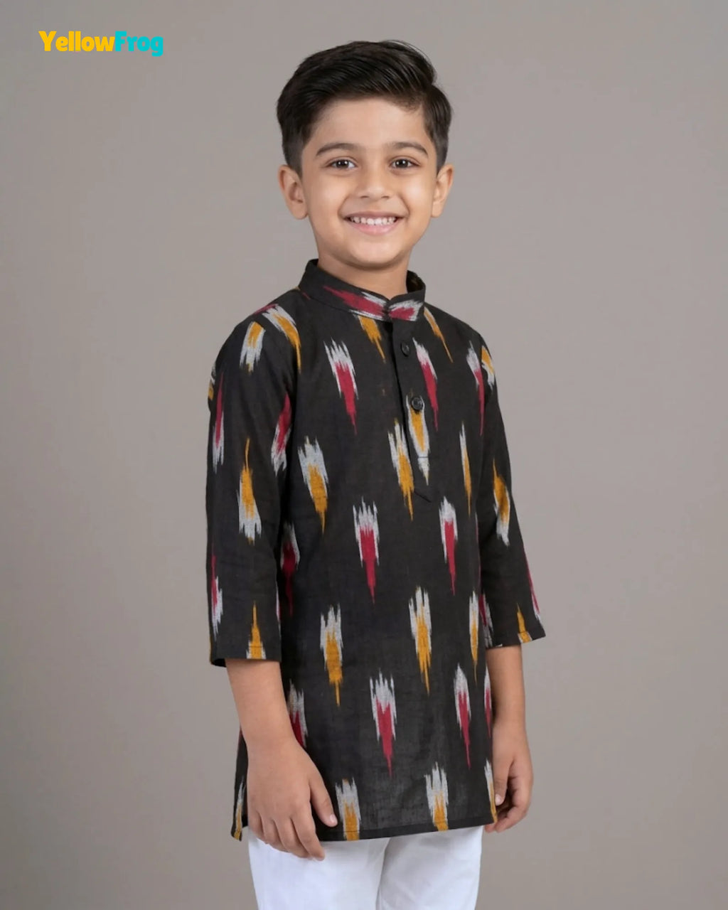 Boys Pure Cotton Ikkat Kurta Pyjama Set - Black with Collar KP234