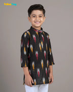 Boys Pure Cotton Ikkat Kurta Pyjama Set - Black with Collar KP234