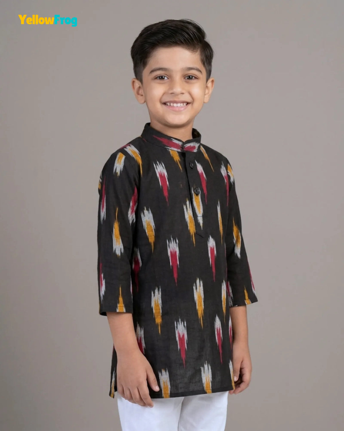 Boys Pure Cotton Ikkat Kurta Pyjama Set - Black with Collar KP234