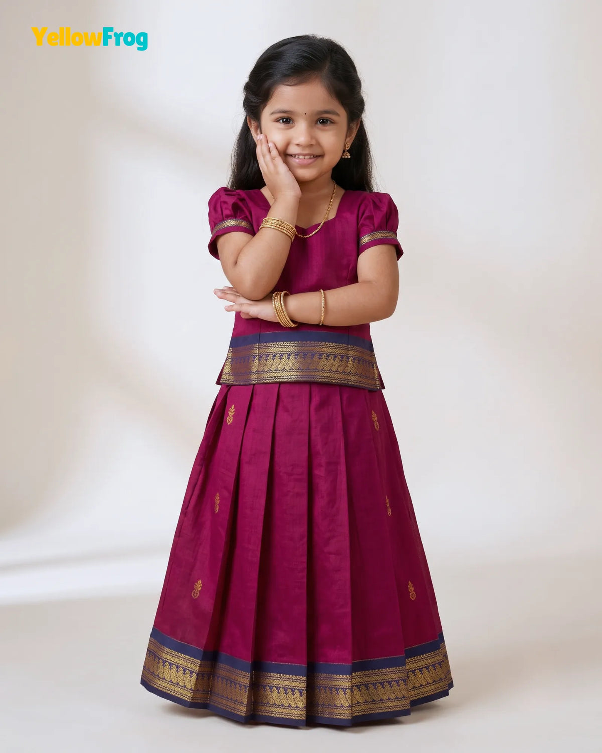 Girls Kalyani Cotton Pattu Pavadai Set - Magenta Navy PPP2165